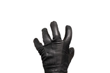 Grabbing Hand With Leather Glove Isolated Transparent Background, Burglar Creepy Hand Open Fist Stealing. Black Leather Glove Isolated