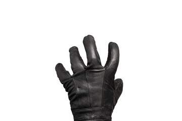 grabbing hand with leather glove isolated transparent background, burglar creepy hand open fist stealing. Black leather glove isolated