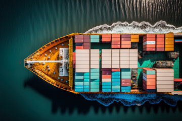 Wall Mural - aerial top view of a ship carrying containers. For international import and export, business logistics transit uses cargo ships, cargo containers, and deep sea ports at industrial estates. Generative