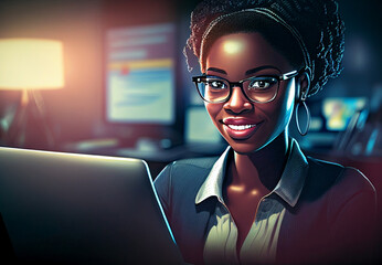 Young african american woman working with laptop in office.