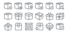 Package, Parcel, Box, Delivery, Distribution, Import, Export And Return Editable Stroke Outline Flat Icons Set Isolated On White Background Flat Vector Illustration. Pixel Perfect. 64 X 64.
