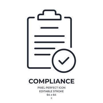Compliance, form, report, certificate or document concept editable stroke outline icon isolated on white background flat vector illustration. Pixel perfect. 64 x 64.