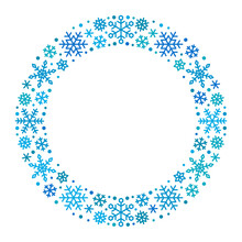 Round Frame Made Of Blue Snowflakes On White Background. Decorative Element For Christmas And New Year Design. Vector Illustration
