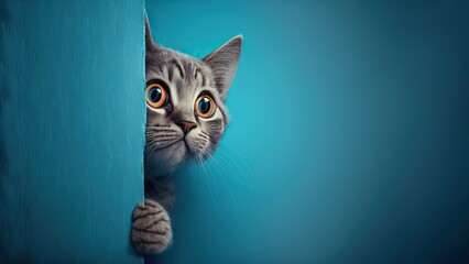 Frightened cat peeks out from behind a corner on a blue background, with copy space, created with Generative AI technology.