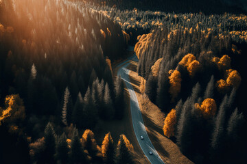 Wall Mural - Aerial shot of an autumnal mountain route through a forest at dusk. aerial picture of a road in the woods. Beautiful panorama with pine trees, lush meadows, a road in the hills, and golden sunshine in