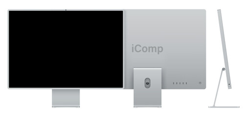 Poster - computer display silver color with black screen front, back and side view isolated on white background. realistic and detailed mockup of monitor for system unit. vector illustration