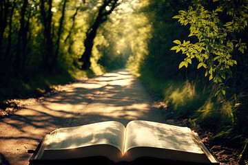 Wall Mural - open holy bible on woodland path in the sun. Generative AI
