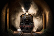 Generative AI illustration of old steam train in tunnel