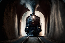 Generative AI Illustration Of Old Steam Train In Tunnel