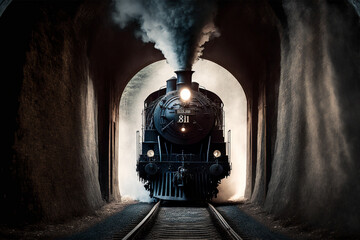 Generative AI illustration of old steam train in tunnel