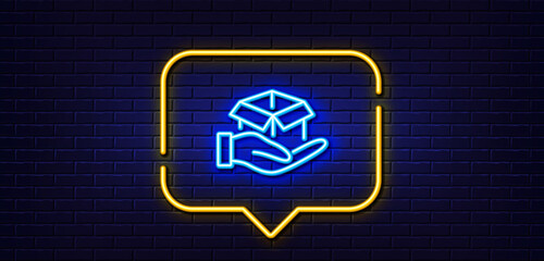 Poster - Neon light speech bubble. Hold open box line icon. Delivery parcel sign. Cargo package symbol. Neon light background. Hold box glow line. Brick wall banner. Vector