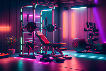 Modern gym interior with neon illumination, ai illustration