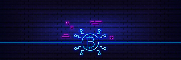 Poster - neon light glow effect. bitcoin system line icon. cryptocurrency scheme sign. crypto money symbol. 3