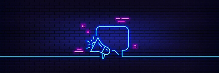 Sticker - Neon light glow effect. Megaphone line icon. Advertisement device symbol. Brand ambassador speech bubble sign. 3d line neon glow icon. Brick wall banner. Megaphone outline. Vector