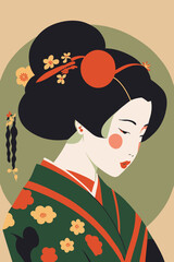 Wall Mural - portrait japanese geisha in kimono, japan woman in traditional floral ornament