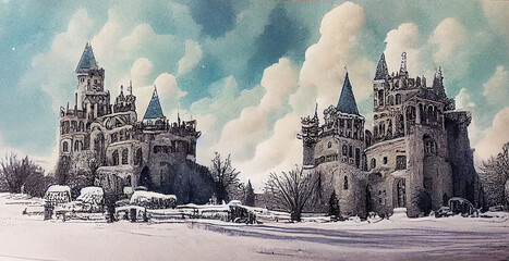 Wall Mural - Fairytale beautiful winter castle, ai illustration