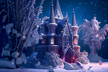 Wall Mural - Fairytale beautiful winter castle, ai illustration