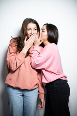 Two young attractive brunette girls in pink sweaters embracing each other, having fun, telling the gossips to each other, smiling, looking at the camera, white background