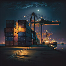 Containers In Harbor With Cranes And Cargo Ship. Loading And Shipping Concept. Generative Ai