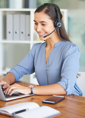Aufkleber - Telemarketing, call center and woman typing on laptop for technical support, crm consulting and help desk communication. Contact us, email and happy customer service worker with pc for online service