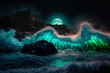 Night fantasy seascape with futuristic waves and foam. Neon foam on water waves. Digital artwork