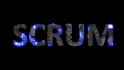 Poster - metal scrap cyber punk text SCRUM with electrical light and animated surface, isolated - loop video