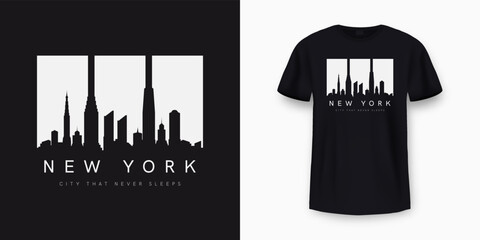 New York City skyline t-shirt design. T-shirt print and apparel design with stylish text. New York skyline silhouette for tee print design. Vector