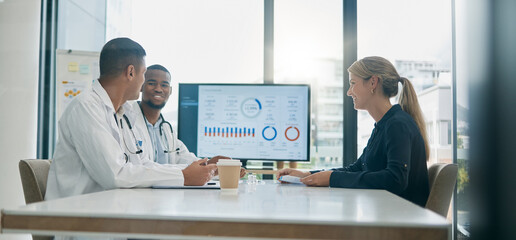 Teamwork, consulting and doctors with patient in hospital in meeting for help or assistance. Healthcare documents, data charts and woman in consultation with medical workers for vaccine information.