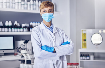 Poster - Covid, portrait or senior scientist in a laboratory working on biotechnology for medical healthcare innovation. Coronavirus, black woman or doctor in face mask or gloves helping with science research