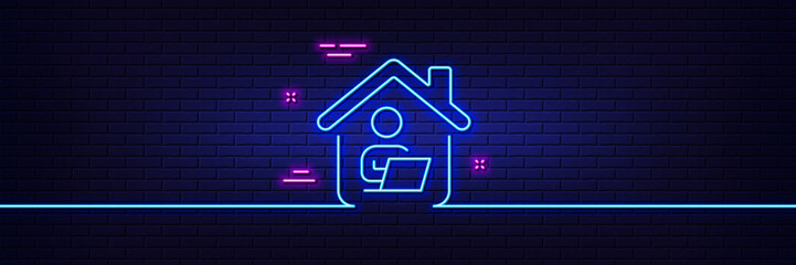 Poster - Neon light glow effect. Work at home line icon. Outsource job sign. Remote office employee symbol. 3d line neon glow icon. Brick wall banner. Work home outline. Vector