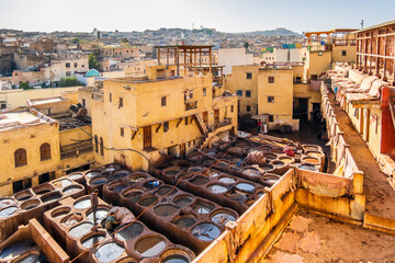 famous skin tannery in fes, morocco, africa