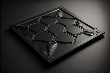 Sticker - a black metal plate with a geometric design on the side of it, on a black surface, with a black background and a black background with a few small black dots and white dots.