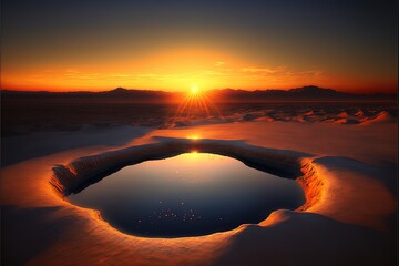 Wall Mural - Swimming pool in the desert, beautiful sunset, reflection in the water. AI