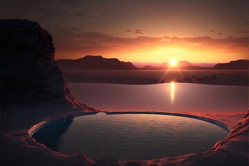 Sticker - Swimming pool in the desert, beautiful sunset, reflection in the water. AI