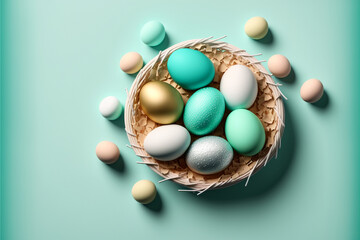 Easter eggs painted in solid pastel colors, gold decor elements, mother-of-pearl paint, minimalistic blue background, 3d render. Generative AI