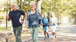 Senior runner group, park and fitness for smile, teamwork or motivation for wellness in summer sunshine. Happy elderly couple, friends or running team by trees for exercise, health or outdoor workout