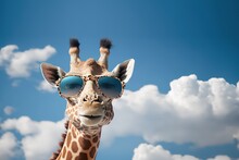 Funny Giraffe With Sunglasses Coming Out Bottom Of Image In Sky Clouds Generative AI