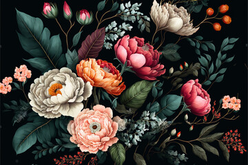 delicate floral watercolor pattern, floral design for textile and background, watercolor peony flowe