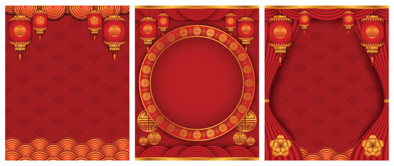 Sticker - Chinese background 2023 template, Lunar new year concept with lantern or lamp, ornament, and red gold background for sale, banner, posters, cover design templates, social media wallpaper