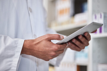 Aufkleber - Man, hands or pharmacy digital tablet in medicine product research, healthcare wellness treatment or pills stock check. Zoom, pharmacist employee or medical worker on technology in drugs retail store