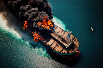 aerial image of a burning oil tanker ship in the Middle East. Generative AI