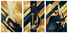 Art Deco Illustrations Of Female And Peacock, Black And Gold