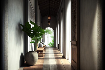 Home interior with wooden elements in the style of boho and natural elements of plants, vintage design. Generative AI