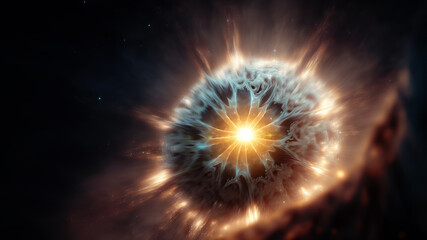 Fototapete - View of the birth of a star in space during a nebula explosion. Nuclear fusion of cosmic clouds of gas and dusts. Universe background. Generative ai