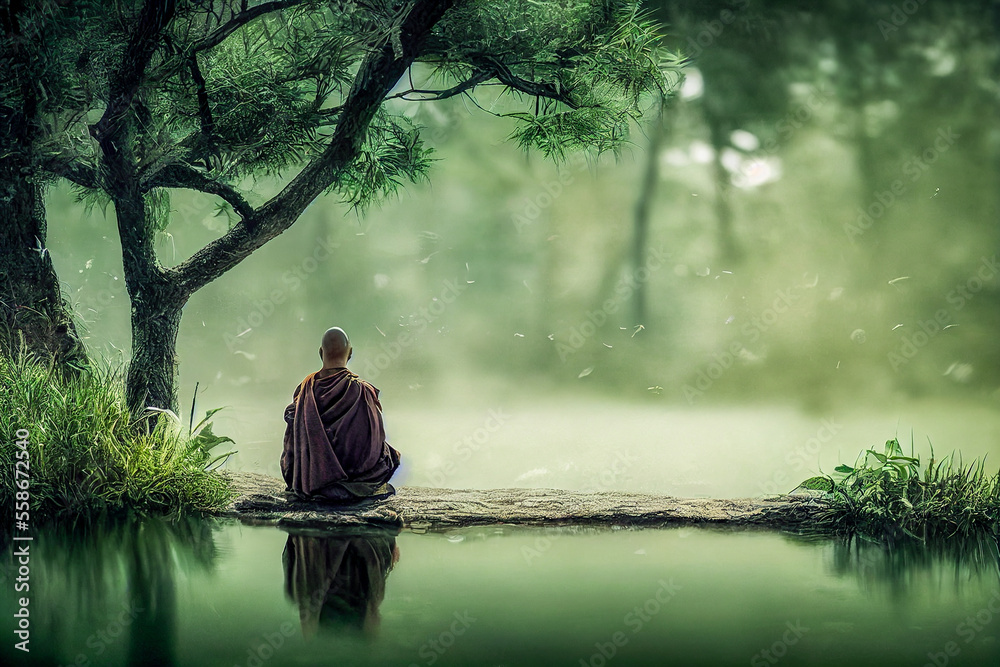 monk meditates in the nature background, Generative AI Illustration ...