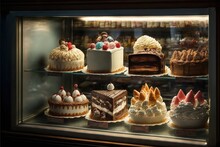 A Display Case Filled With Lots Of Different Types Of Cakes And Cakes On Display In A Bakery Window With Frosting And Icing On The Sides Of Cakes And Frosting On The Sides. Generative AI