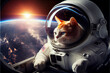 The astronaut cat in a spacesuit in outer space flies and looks at the planet Earth, space traveler. Generative AI