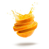 Fototapeta  - Cut orange slices with splash juice, isolated on white.
