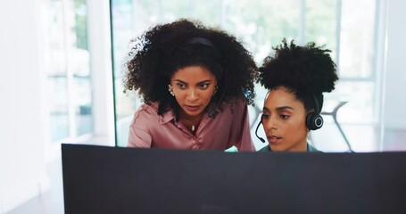 Poster - Call center, coaching and computer with women, telemarketing and communication with teamwork in office. Black woman, mentor and crm expert with customer service, help and training at job in Atlanta