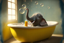 An Joyful Elephant Taking A Bubble Bath In A Vintage Yellow Bathtub,  Illustration Digital Generative Ai Design Art Style